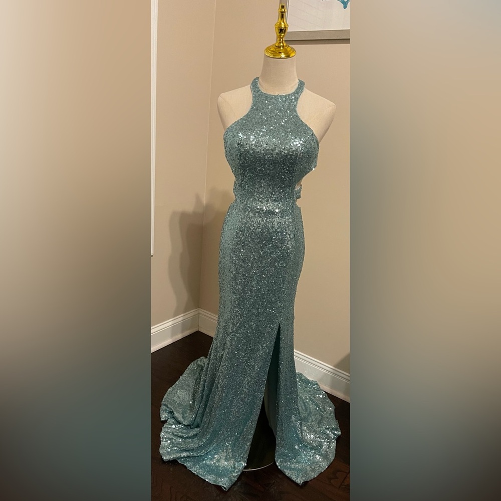 049 Elegant Blue Sequin Evening Gown